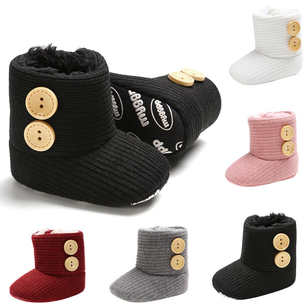 Warm Baby Winter Boots Girls Soft Sole Crib Shoes Button Cotton Flats Boot Shoes Knitted Solid Buttons Toddler Shoes Boys Grils