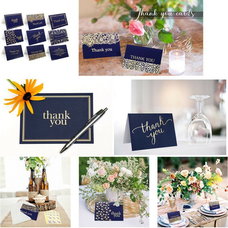 Thank You Notes Navy Blue and Gold - Blank Note Cards with Envelopes 9 Cards