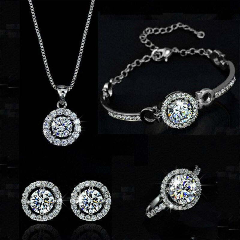 Eenvoudige Vrouwelijke White Crystal Sieraden Set Charm Goud Zilver Kleur Stud Earring Voor Vrouwen Cute Ring Armband Bruiloft Collier: 02