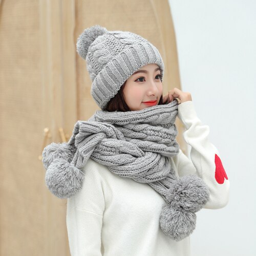 Dames winter muts sjaal set wol gebreide muts vrouwelijke bont pompon mutsen voor vrouwen dames kap dikke warme skimuts kraag: Grijs