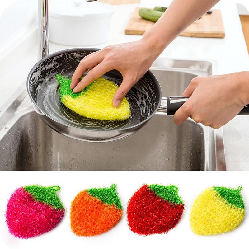 1Pc Strawberry Polyester Yarn Dish Cloth Kitchen Cleaning Brush Dishwashing Brush Cleaning Brushes Pot Pan Sponge Scouring Pads