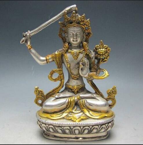 Chinese Silver Bronze Gilt Tibetaans Boeddhisme Standbeeld --- Manjushri Boeddha