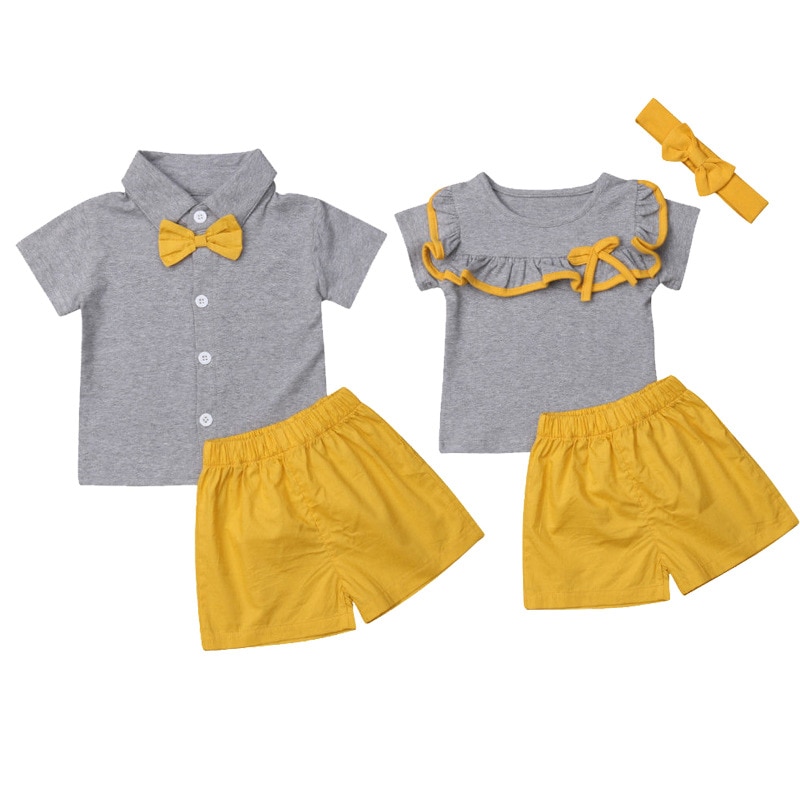 Sommarsyskon matchande kläder nyfödd lillasyster bror set kortärmad t-shirt &gula shorts tvillingkläder  a0145