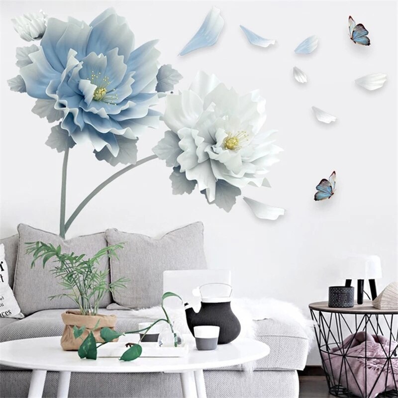Große Weiß Blau Blume Lotus Schmetterling Abnehmbare Zauberstab Aufkleber 3D Zauberstab Kunst Decals Heimat Dekor Wandbild Kunst für Wohnzimmer schlafzimmer
