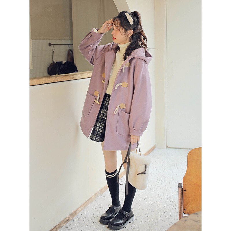 Cappotto di lana con bottoni in corno di orso in stile giapponese donna di media lunghezza 2020 autunno inverno cappotto di capispalla allentato Casual spesso 2010622