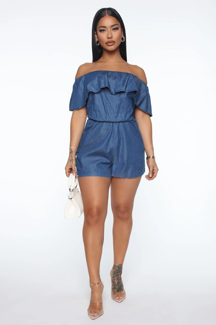 Monos vaqueros con volantes para mujer, peto de Sport con bolsillos, Pelele de cintura elástica, Pantalones vaqueros de una pieza, monos azules para mujer