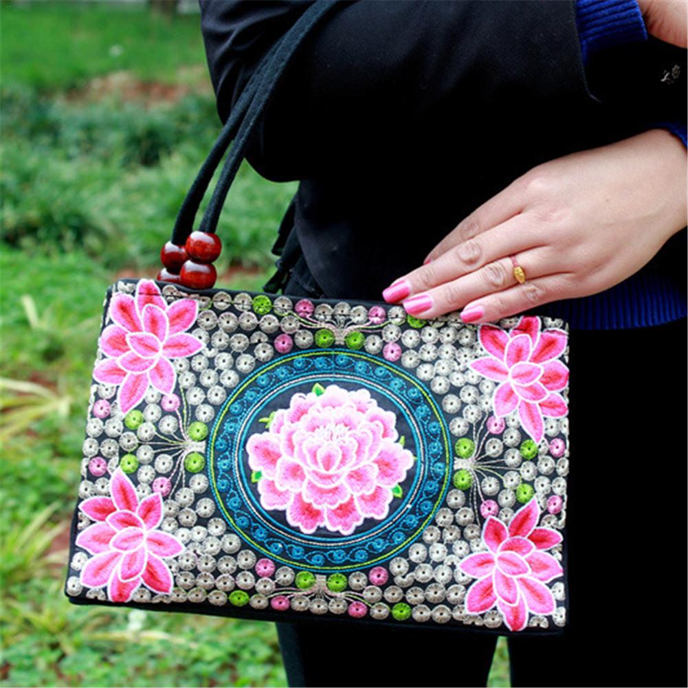 Women's Tote Bag - Floral Embroidered Canvas - Zipper Closure - Shoulder Top-Handle - Vintage Style