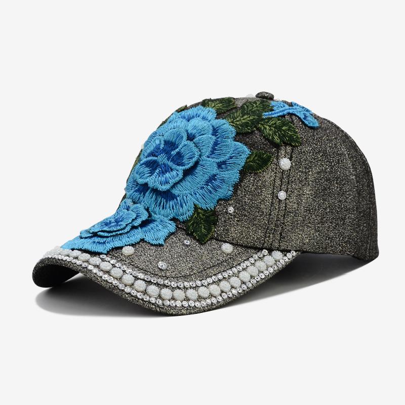 Cokk kvinders baseball cap broderi blomst perler snapback hatte til kvinde dame fest sommer sol hat kvinde cap gorras casquette: Blågrå