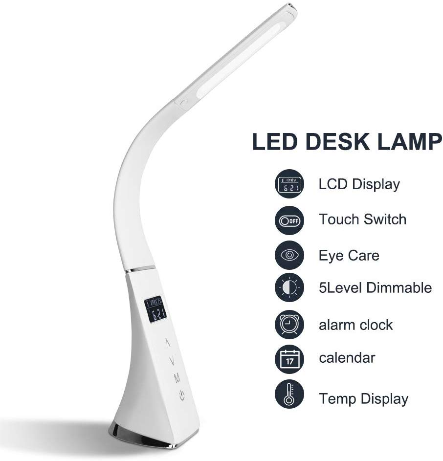 LED Bureaulamp, Eye-Verzorgende Tafellamp, dimbare Kantoor Studie Bureaulamp met Kalender Thermometer Time & Alarm Klok, 3 Modus 5 Niveau