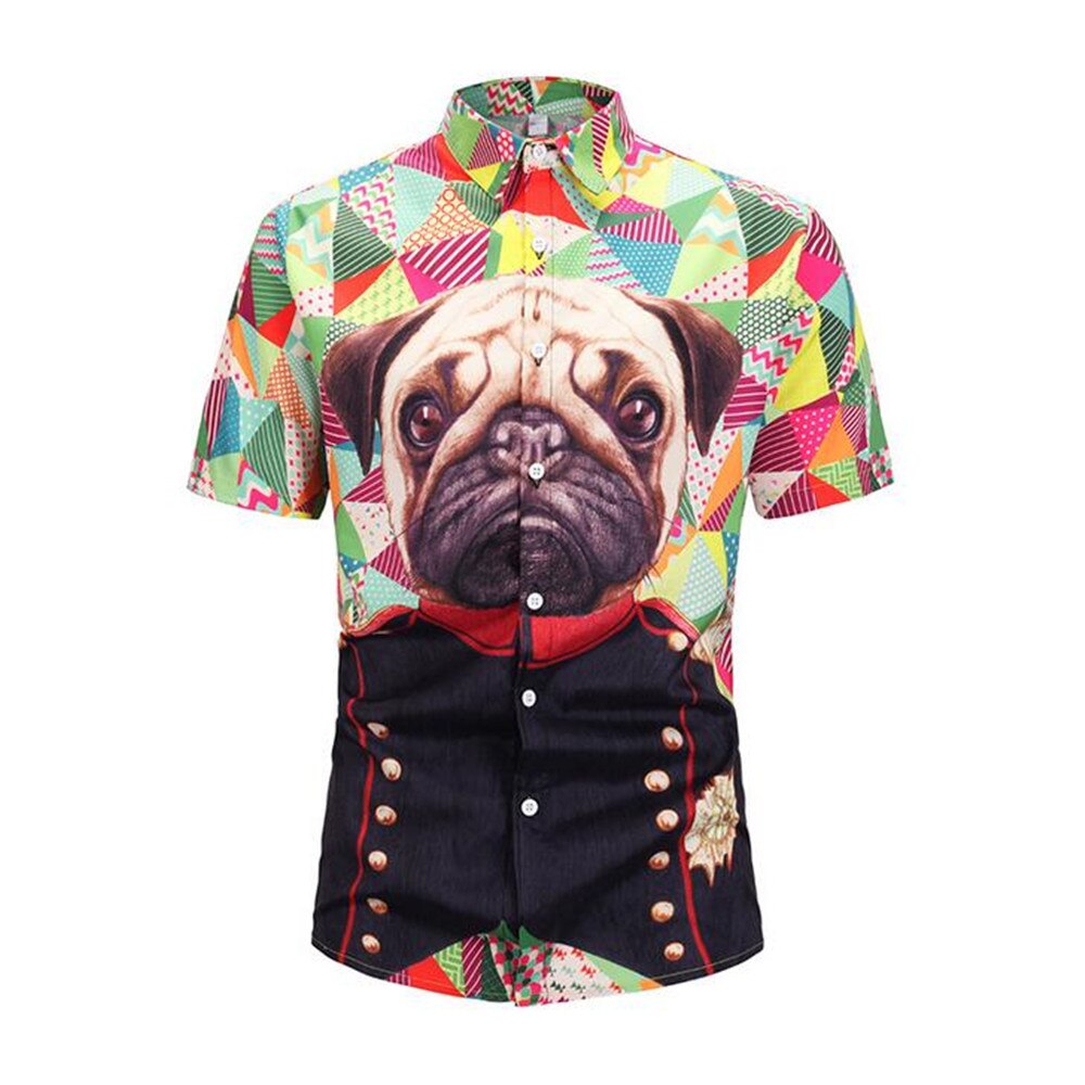 Mannen Pug Hond Korte Mouwen Print Shirt Plus Size Toevallige Stand Kraag Losse Overhemd Strand Overhemd Zomer