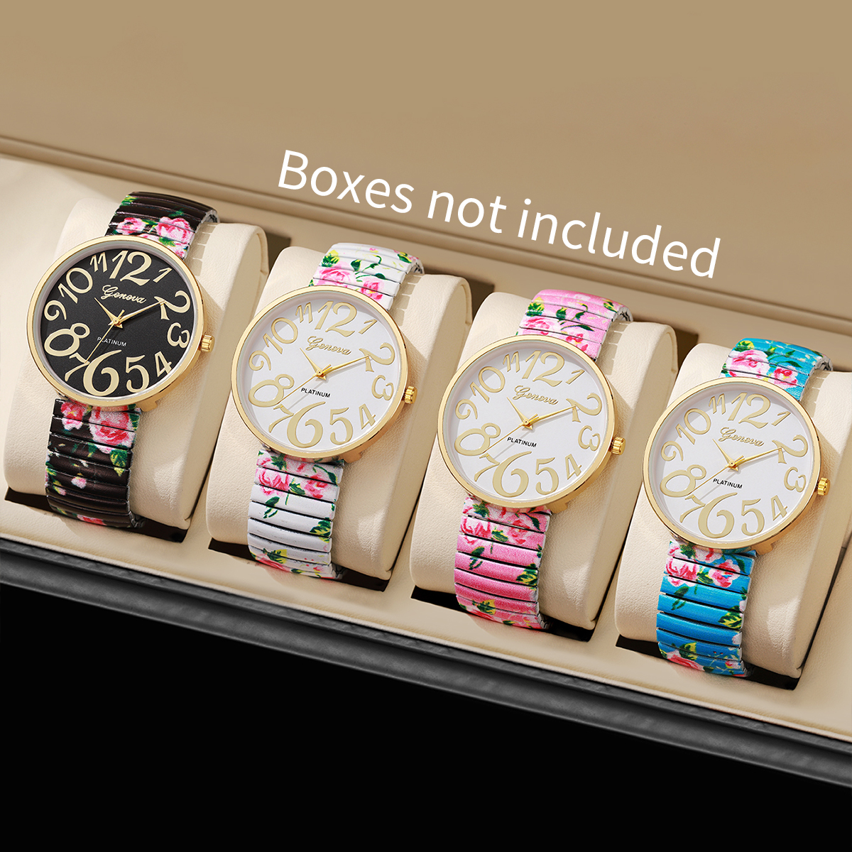 1/2/3/4 Uds. Reloj de Mujer con estampado de flores a la , correa elástica de lujo, relojes de cuarzo árabe, Reloj para Mujer y niñas (sin caja): Oro