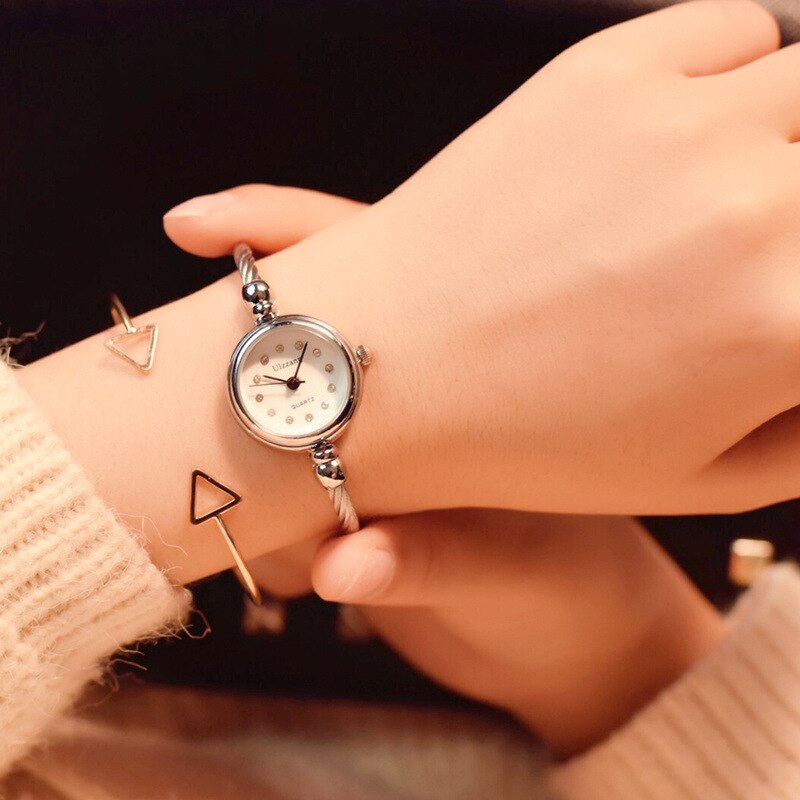 Diamant luksus ståltråd armbånd armbånd ure kvinder mærke små vintage damer armbåndsure kvindelige ur: Sølv