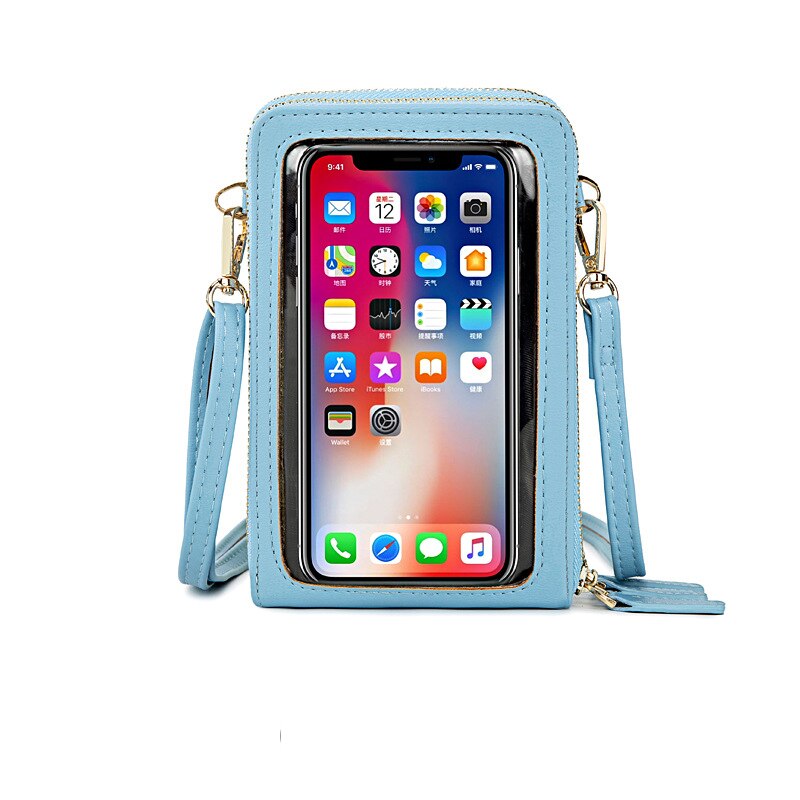 Transparent Touchable Cell Phone Pocket Women's Shoulder Bag Pu Leather Ladies Crossbody Bags Female Small Handbag Purse: Lt Blue