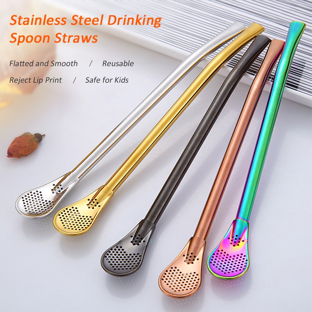 Stainless Steel Tea Coffee Straw Spoon Reusable Drinking Straw Spoon Double Filter Flat Smooth Straws Party Bar Tools