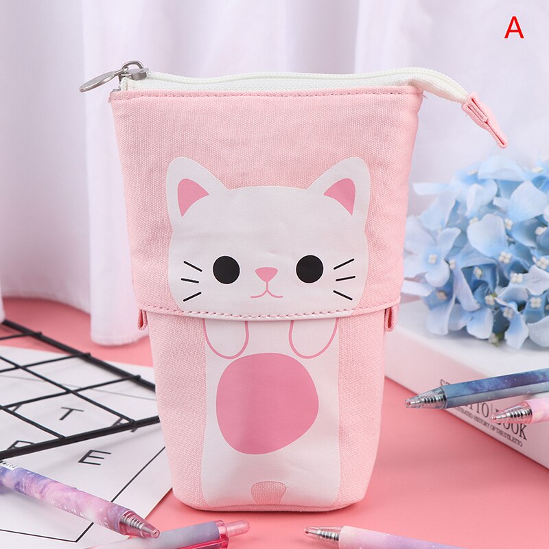 Portalápices retráctiles multifunción para niñas y niños, estuche de lápices Kawaii de lona con de animales de gato, material de papelería coreana: A