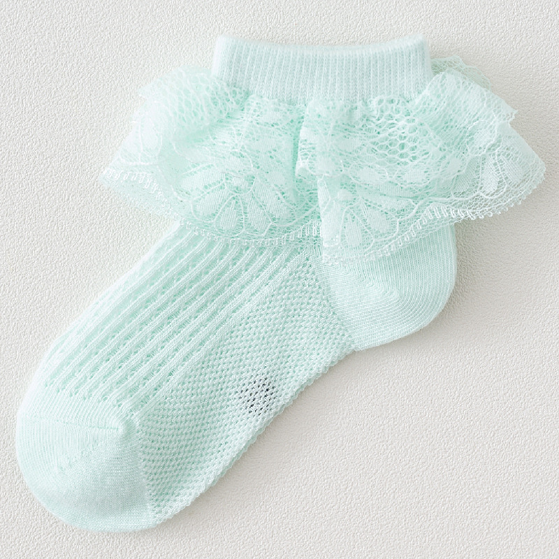 Chaussettes d'été en maille pour bébés filles, de chaussettes courtes en coton respirantes à volants en dentelle à fleurs: Green / 4 to 6 Years Old