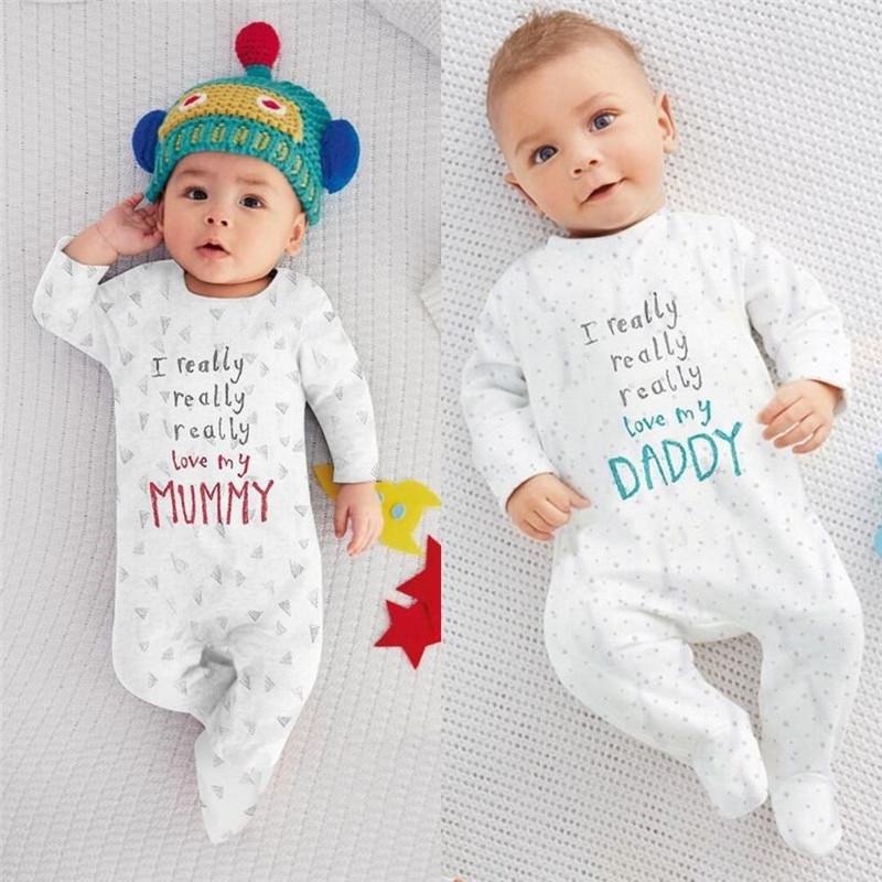 Barboteuse à manches longues en coton | Vêtements pour bébé, I love maman papa, -né bébé garçon fille, 100% coton, combinaison avec lettres imprimées
