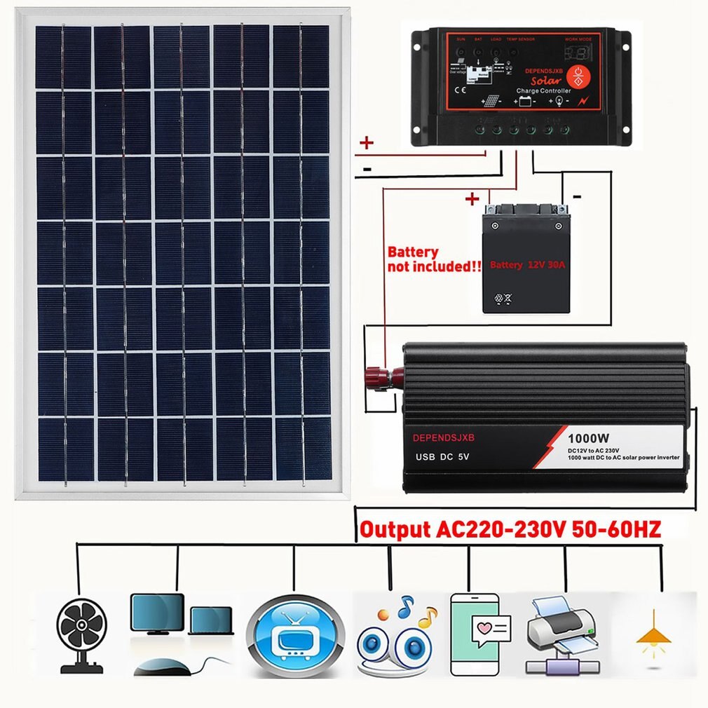 12V/24V Solar Panel System 18V 20W Solar Panel 40A/50A/60A Charge Controller 1000W Solar Inverter Kit Complete Power Generation