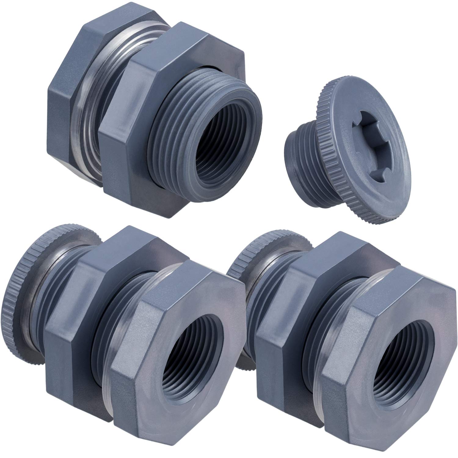 3/4 Inch PVC Bulkhead Fitting 3 Packs Bulkhead Threaded with Plugs for Rain Barrel Spigot Connector Kit for Water Tanks Plastic