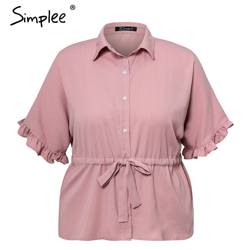 Simplee flæse plus size damebluse løse korte ærmer sashes kvindelige skjorte top afslappet kontor solide toppe og bluser: Lyserød / Xl