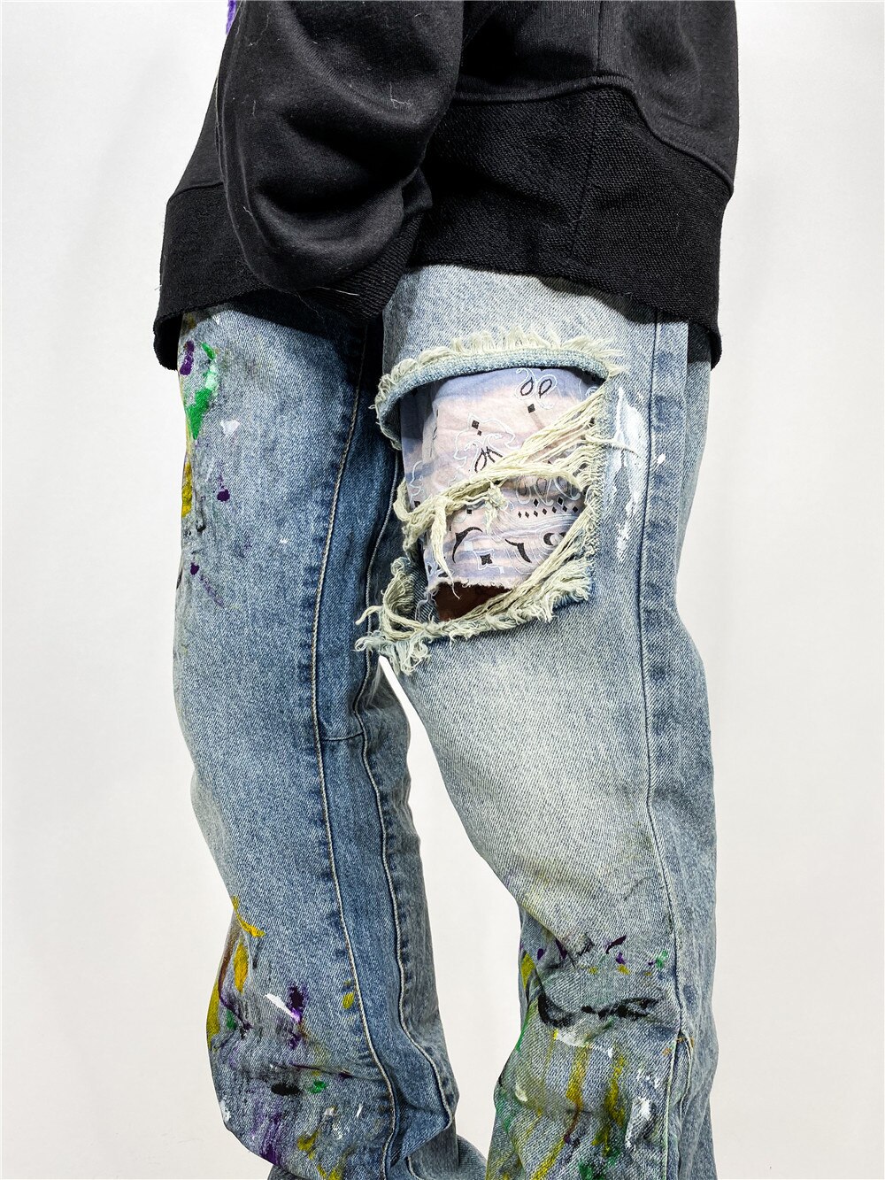 Hip hop graffiti denim flare bukser herre afslappet lynlås revet hul efterår vinter streetwear lange bukser joggers jeans