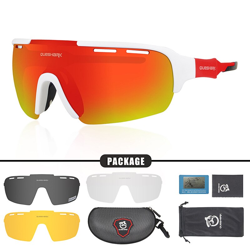 QUESHARK Fietsen Bril Gepolariseerde Fiets Bril Racing Eyewear Voor Mannen Vrouwen Sport Bril: White Red