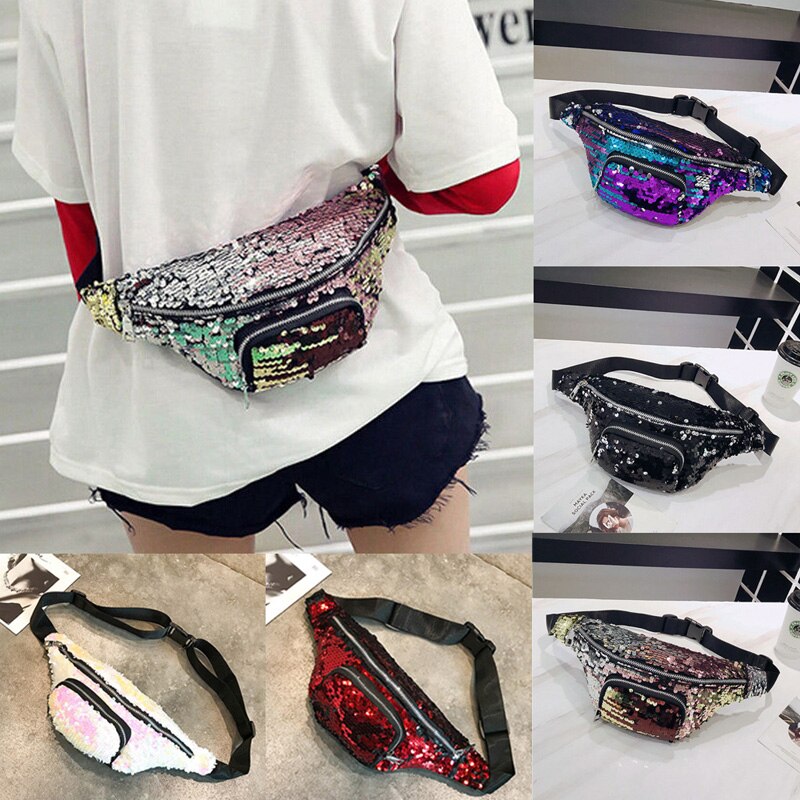 Women Waist Packs Girls Sequins Glitter Bag Fanny Pouch Hip Purse Satchel Chest Casual Ladies Handbags