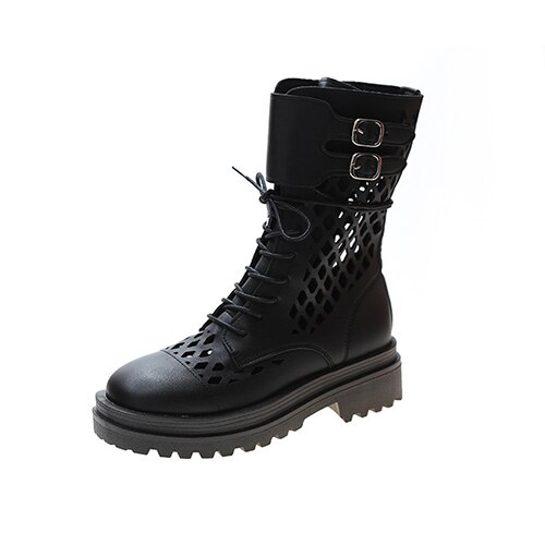 Dames kniehoge laarzen dames veterschoenen dames rits gesp ronde neus uitgehold ademende dames coole schoenen: Zwart / 8.5