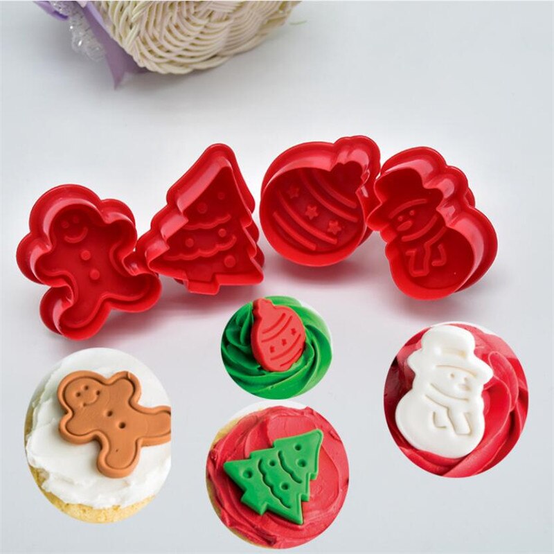 4 Stuks Stempel Biscuit Mold 3D Cookie Plunger Cutter Gebak Versieren Diy Voedsel Fondant Bakvorm Tool Kerstboom Sneeuwpop