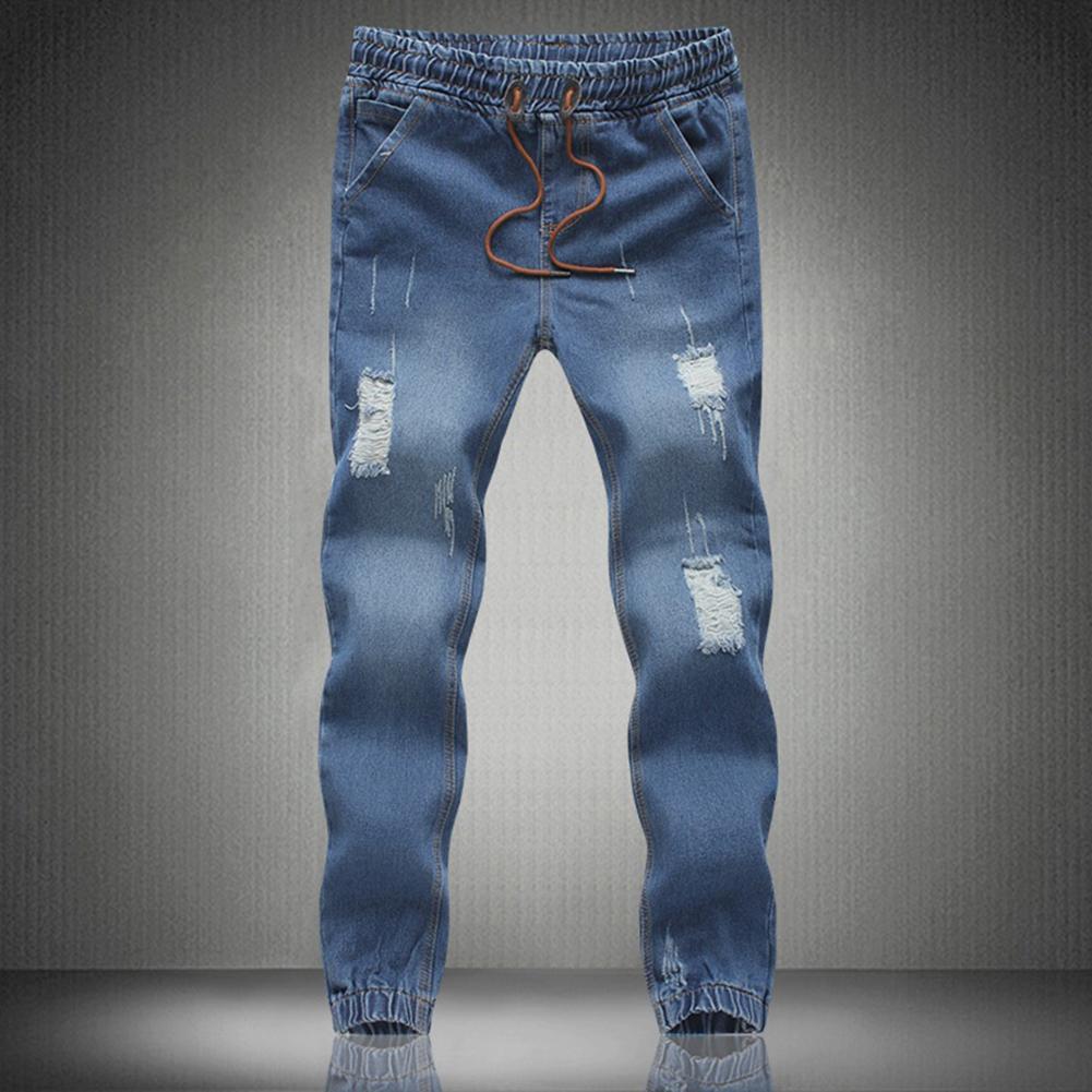 Men Jeans Drawstring Slim Denim Ankle Length Jogging Casual Pants