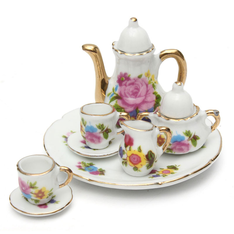 8 pcs Dollhouse Miniatuur Restaurants Goederen Porselein Thee Set Plaat Cup Plaat Bloem Print Poppenhuis Accessoires Speelgoed