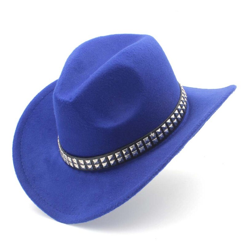 Women Men Wool Hollow Western Cowboy Hat With Wide Brim Felt Cowgirl Jazz Godfather Sombrero Cap Size 56-58CM Punk Belt A35: Blue