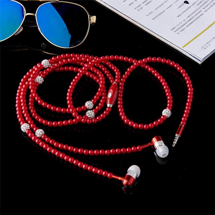 Skatolly Perle Halskette Kopfhörer in-Ohr Rosa Strass Halskette Schmuck Perlen Kopfhörer für Samsung Xiaomi Brithday Mädchen