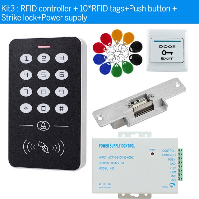 Toegangscontrole Systeem Kit 125Khz Rfid Tags Access Controller Keypad + Voeding + Sloten + Drukknop Voor deur Entry Security: T20 kit3