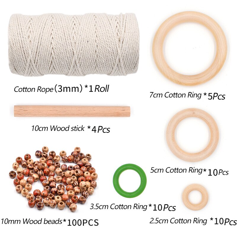 1Set Macrame Cord Natural Cotton Rope with Wood Ring Wood Stick Bead for DIY Macrame Kit Wall Hanging Plant Hanger Dream Catcher: 3