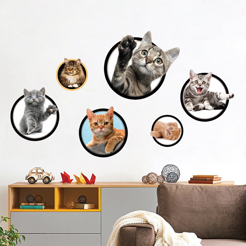 Chats 3D mur autocollant trou vue vive salon maison décoration animaux autocollants enfants chambre Stickers muraux affiche toilette