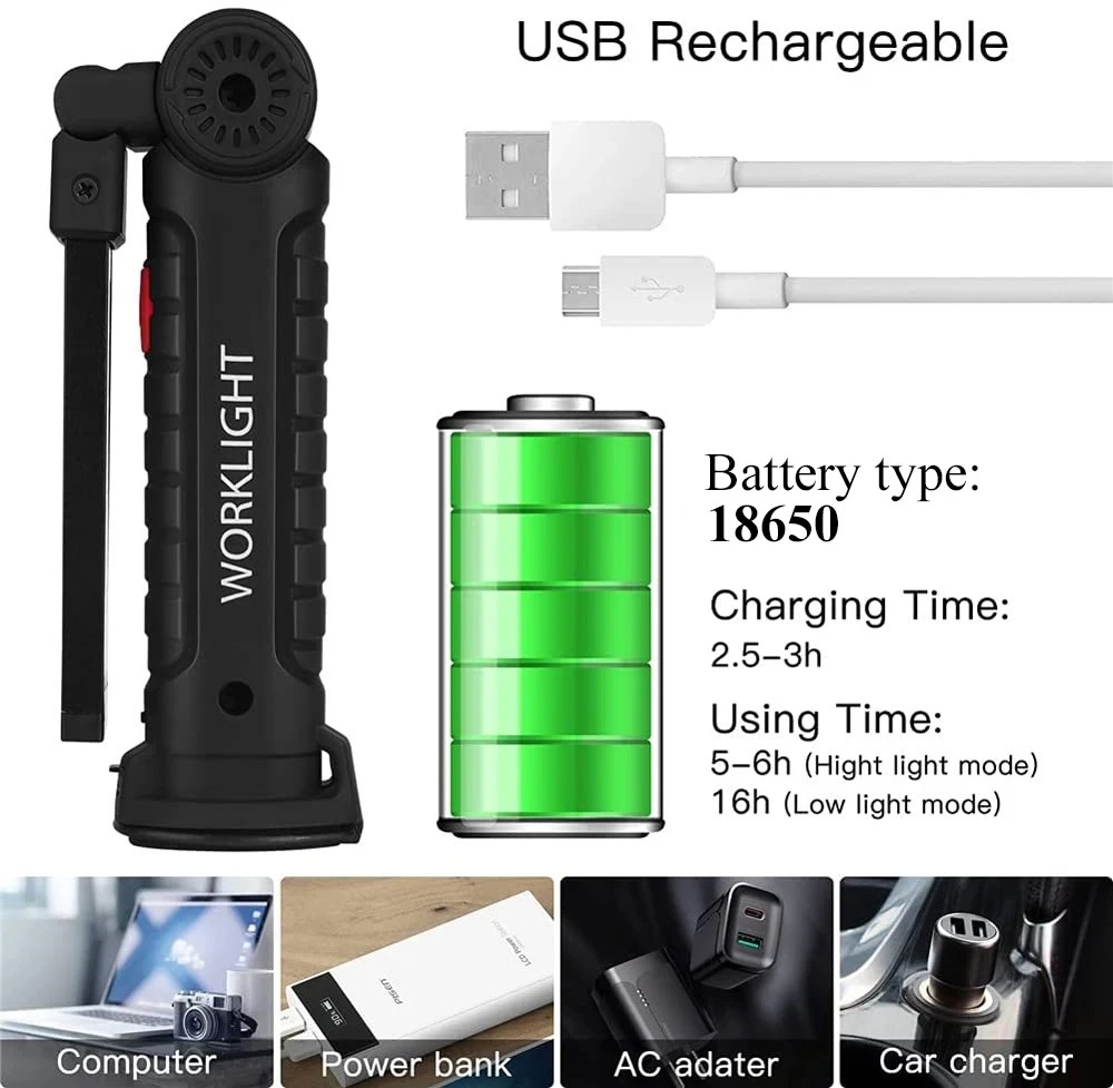 Linterna LED recargable por USB para acampar, luz de trabajo con imán y gancho IP64, resistente al agua, 5 modos de iluminación, adecuada para trabajo nocturno