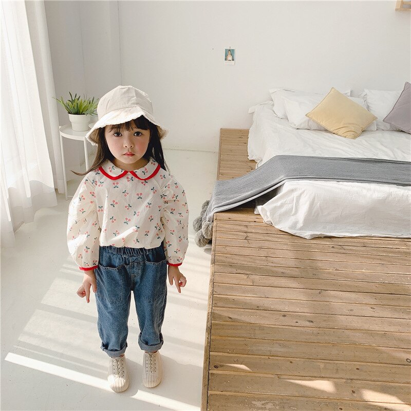 Blouse en coton pour filles | Nouveauté, printemps , manches longues, chemise pour enfants, imprimé cerise, chemise Dool, vêtements enfants hauts 1-6T
