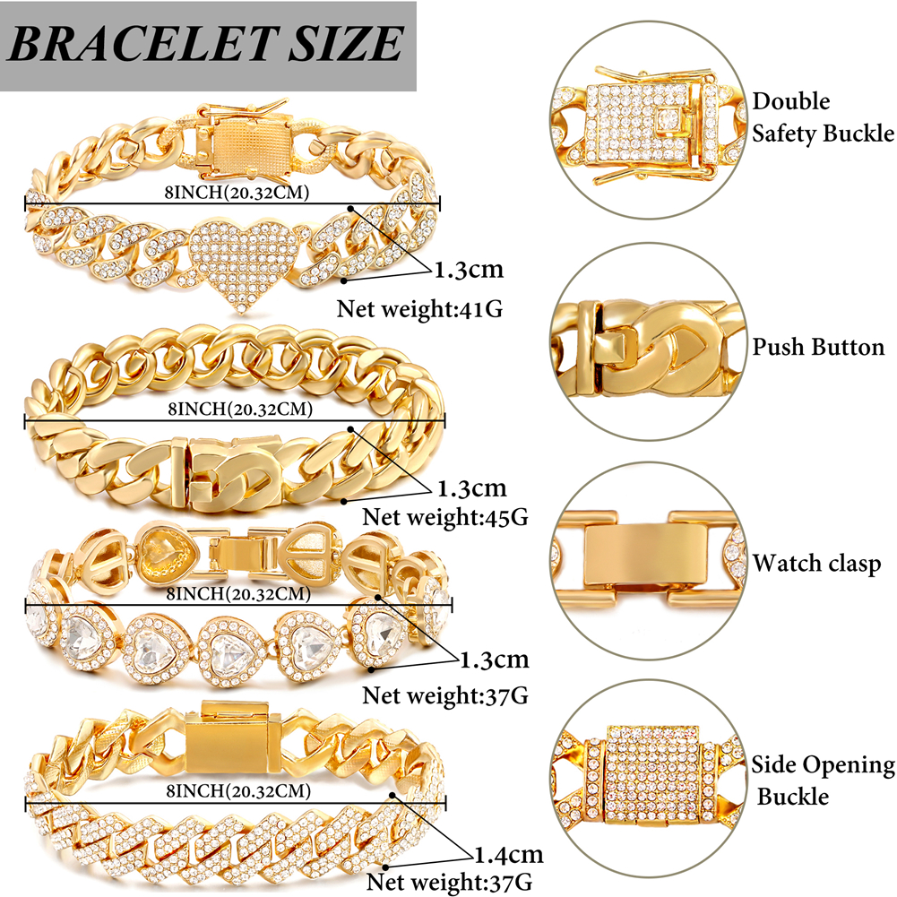 Cadena de tenis con corazón de cristal helado, pulsera de cadena de eslabones cubanos de Miami para mujeres y hombres, pulseras de cadenas gruesas de hip hop, joyería