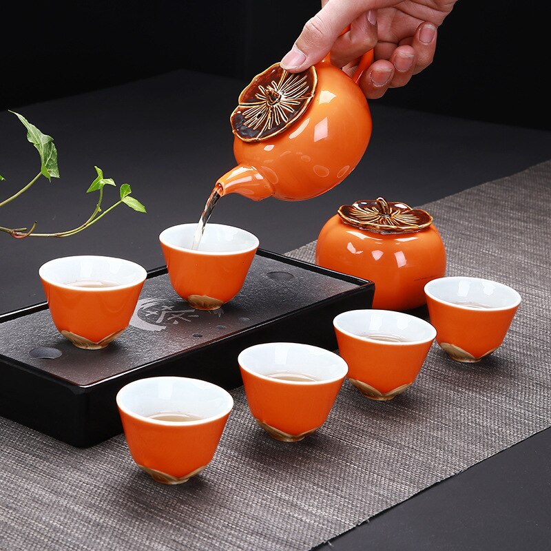 Creativo Cachi Modello Kung Fu da Tè in Ceramica impostato Comprende 6 tazze 1 teiera, smalto rosso di Porcellana Squisita Tazza di Tè drinkware