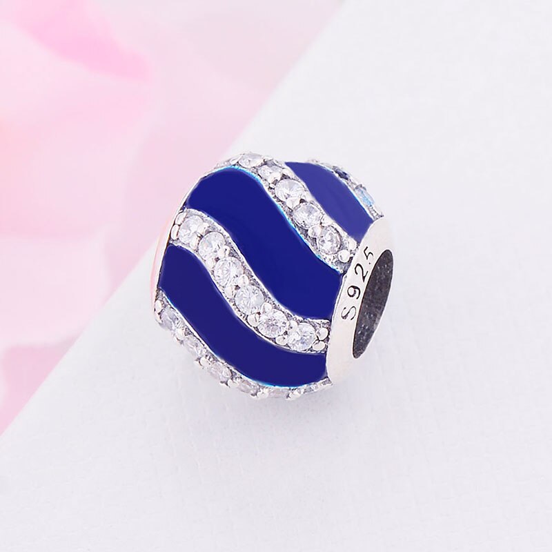 Fit Original Brand Charm Bracelet 925 Sterling Silver Blue Enamel Stripe Zirconia Crystal Bead For Making Women Berloque