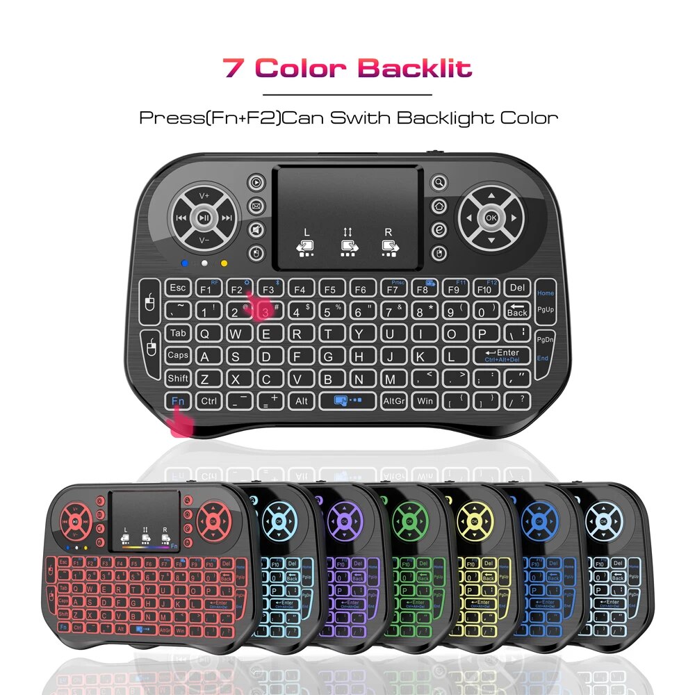 Trådløst bluetooth mini-tastatur 2.4g dobbelttilstand baggrundsbelyst engelsk russisk fransk spansk portugal til android tv-boks pc-projektor