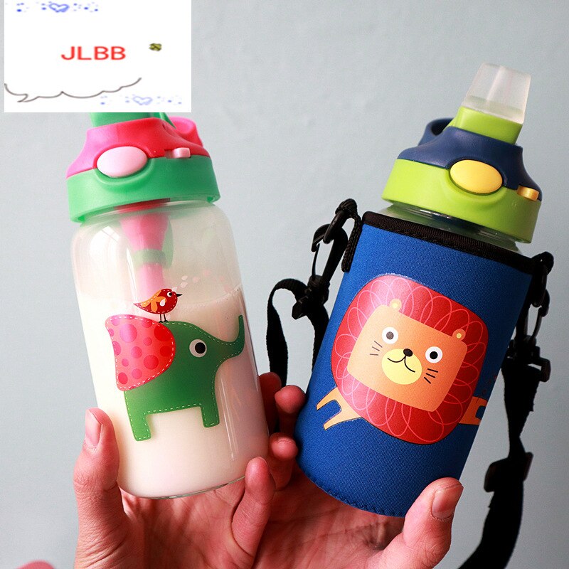 Bouteille d'eau en verre avec animaux pour enfants, avec sangle de sac en paille, couvercle supérieur verrouillable, anti-fuite, sans BPA, pour garçons, voyage randonnée, 500ml
