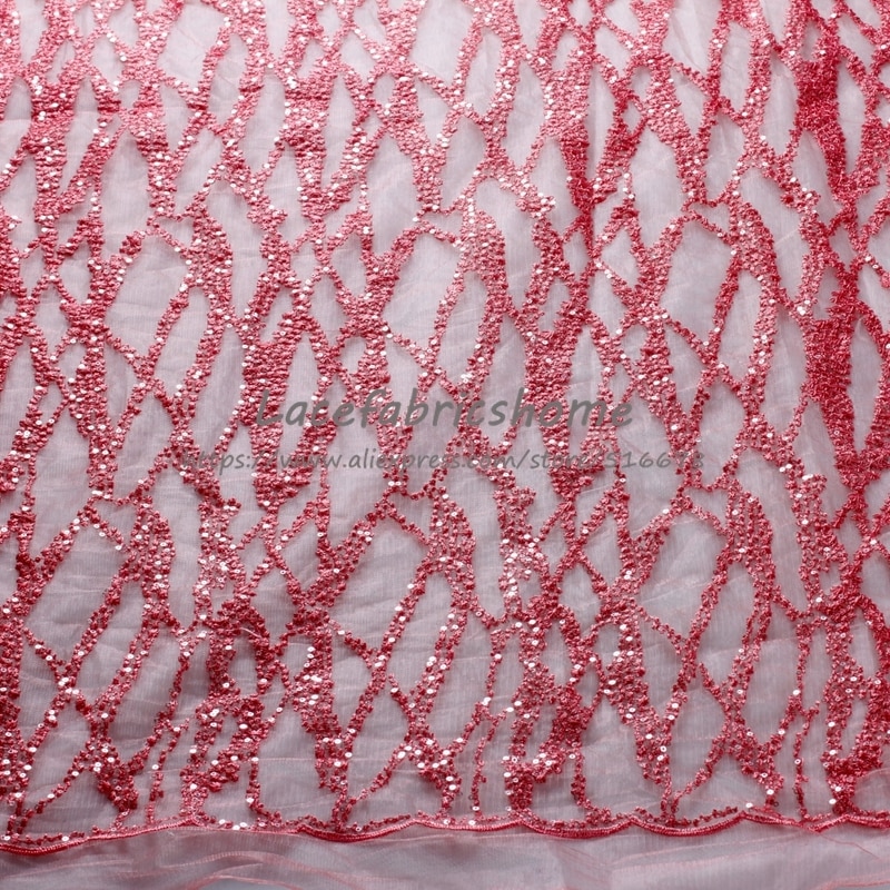 Lyserød / beige / rød / off-white paljetter på mesh broderet bryllup / evinging / show kjole blonder stof 130cm 1 yard
