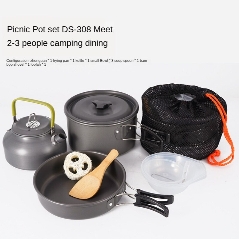 Udendørs camping køkkengrej sæt bærbare redskaber 3-4 personer skål gryde ske bordservice madlavning rejse picnic sæt