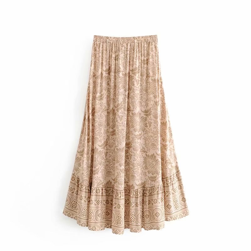 Vintage Chic Vrouwen Geel Bohemian Bloemen Gedrukt Lange A-lijn Rok Hoge Elastische Taille Geel Katoen Maxi Rokken Femme A698