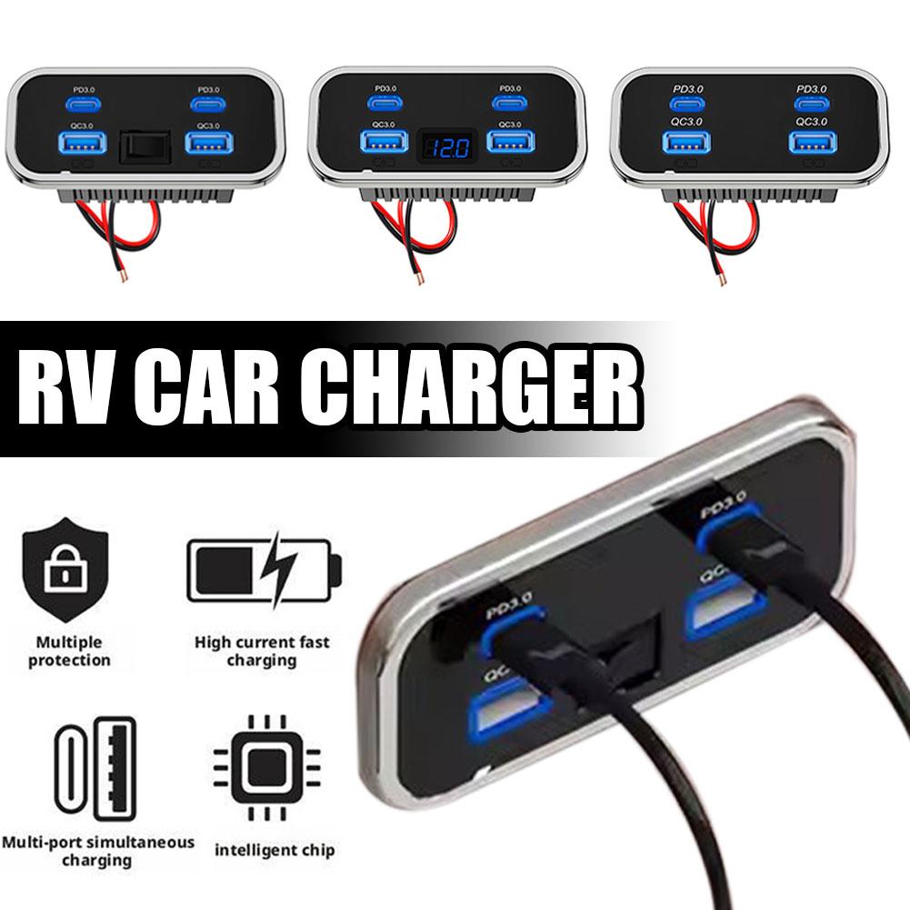 4 porter 12v usb-uttak til bobil 76w doble  pd3.0 type-c hurtiglading dobbel usb for bil buss bobil billader med knappbryter