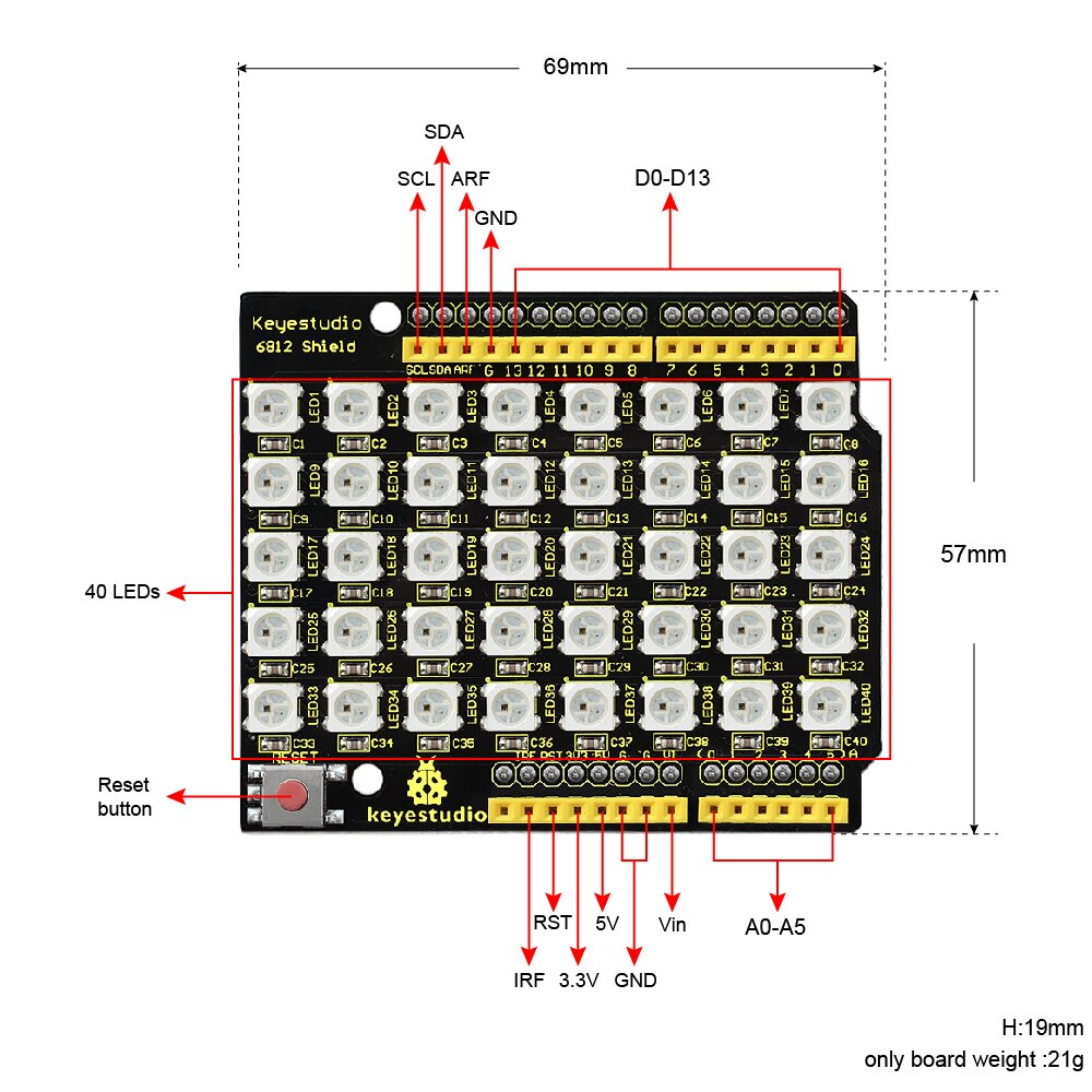 Keyestudio SK6812 5050 40Bits LED Shield For Arduino UNO R3