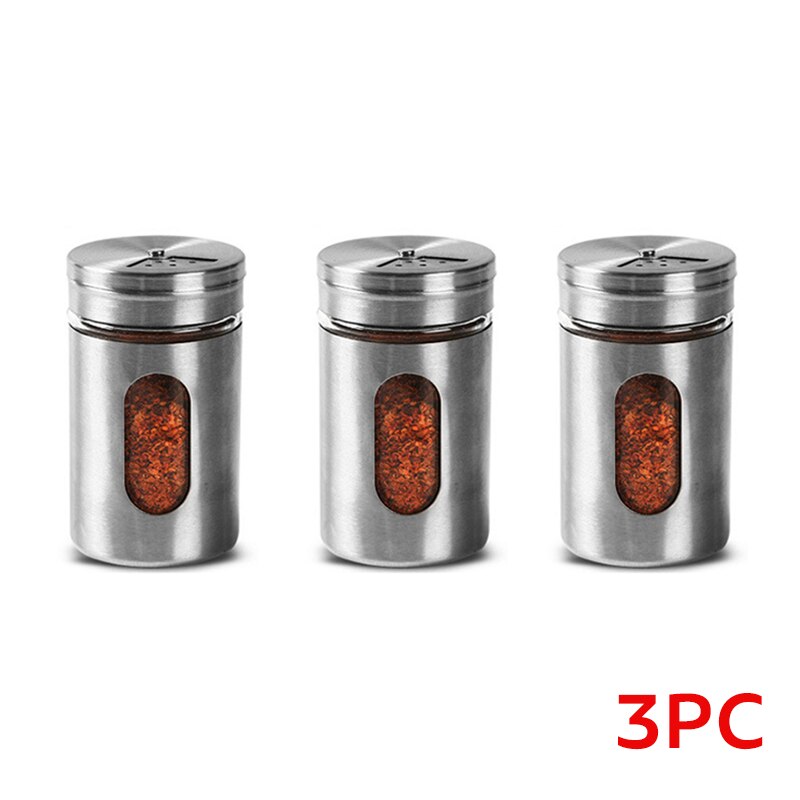 Aço inoxidável spice jar sal açúcar tempero pimenta shaker tempero pode com cobertura rotativa churrasco spice armazenamento garrafa ferramenta de cozinha: 3pcs