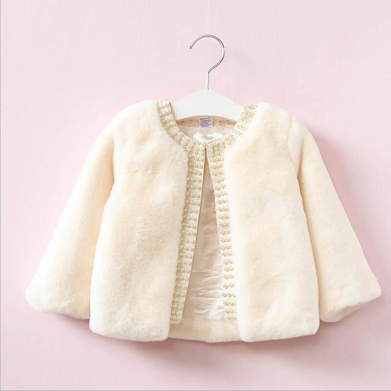 Prendas de vestir para niña, abrigo de piel falsa de manga larga, tops elegantes para niño, ropa de de cuero con perlas, trajes de Navidad: ivory / 5 años